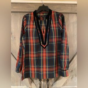 J. Crew red tartan holiday top with velvet trim.